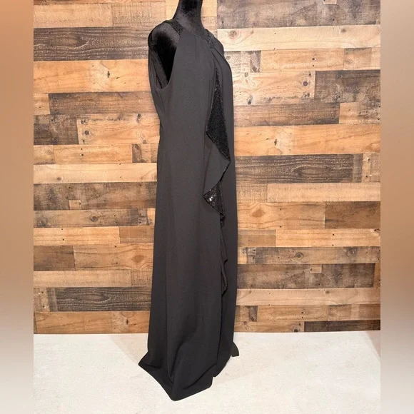 NEW NWT SLNY Women's Black Cocktail Dress Ruffled Floor Length Size 14 - Picture 2 of 5